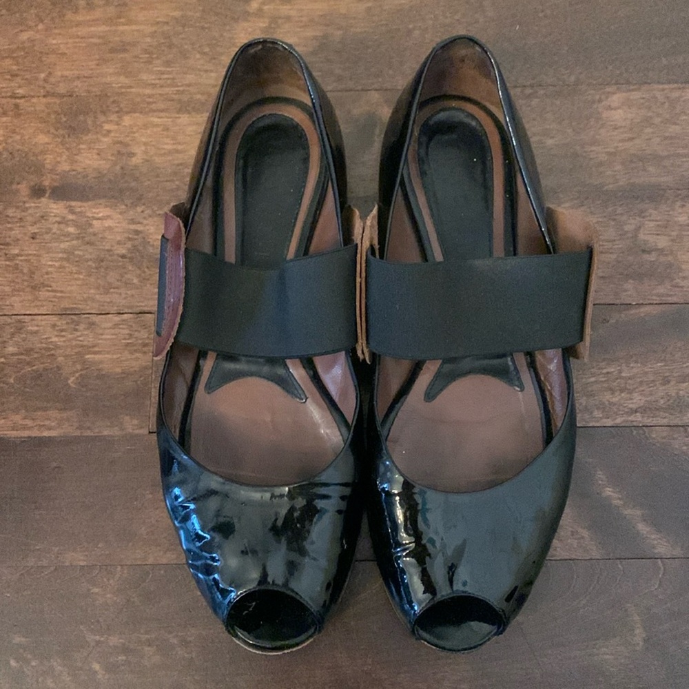 Marni Black Patent Leather Open Toe Ballet Flats Size 38.5